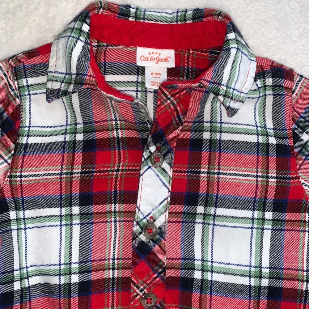 Cat & Jack Red Flannel Button Down Onesie 6-9M Baby Boy EUC